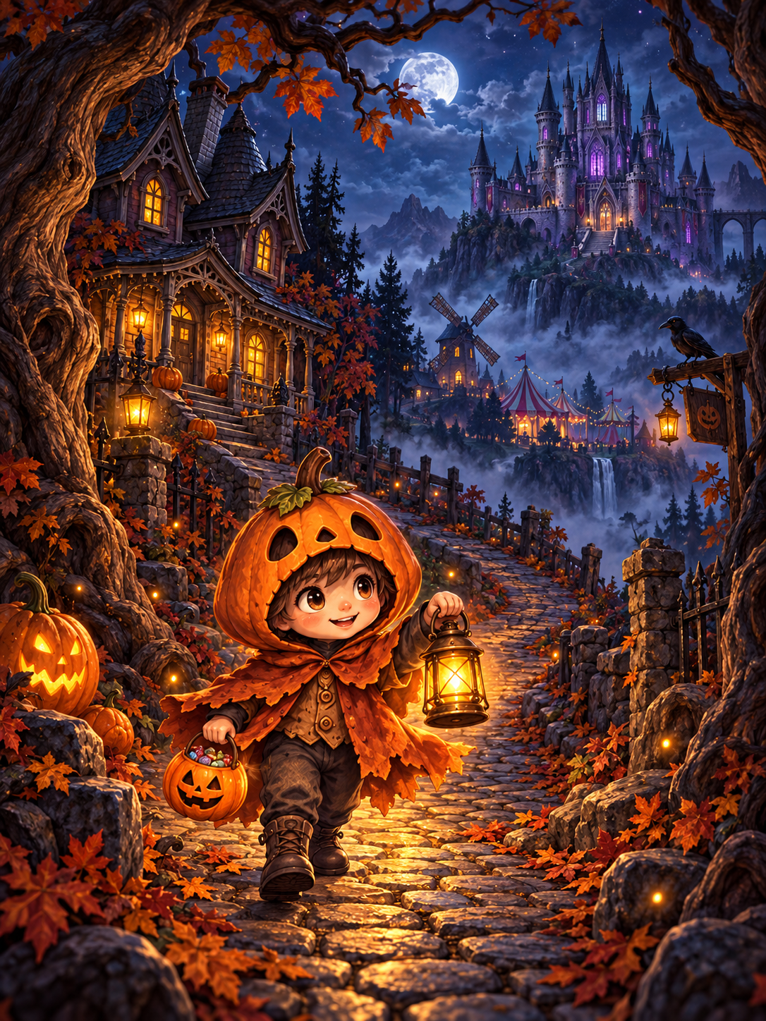 A little trick-or-treater carries a glowing lantern along a winding autumn path toward a haunted house and moonlit castle.