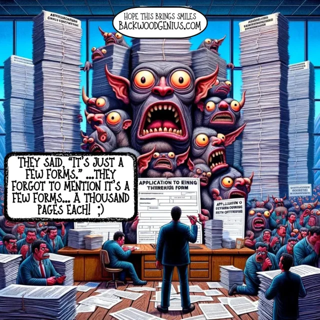 Paperwork Mountain — BackwoodGenius original illustration