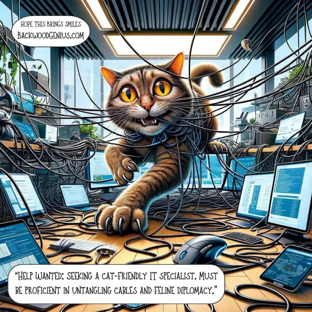 Cat-astrophic IT — BackwoodGenius original illustration